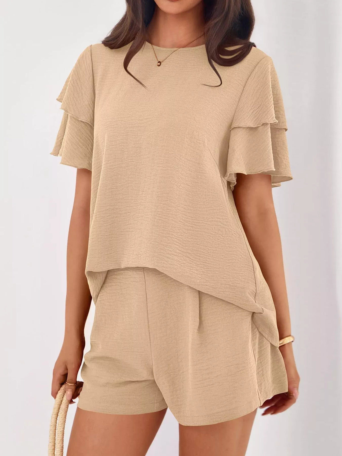 Ruffle Sleeve Top and Shorts Two-Piece Set