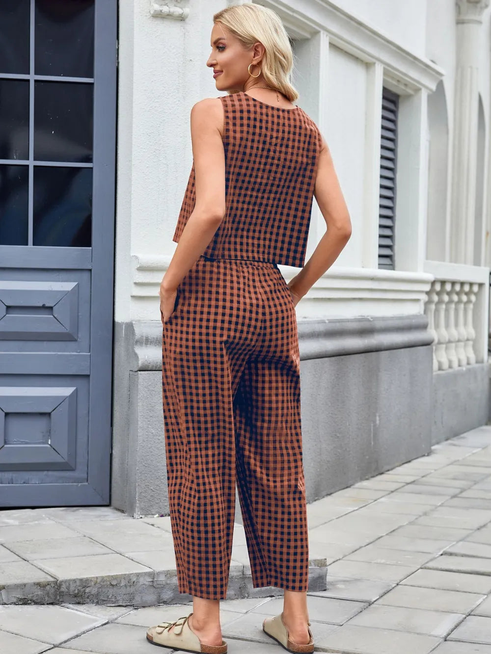 Plaid Sleeveless Top and Pants Set