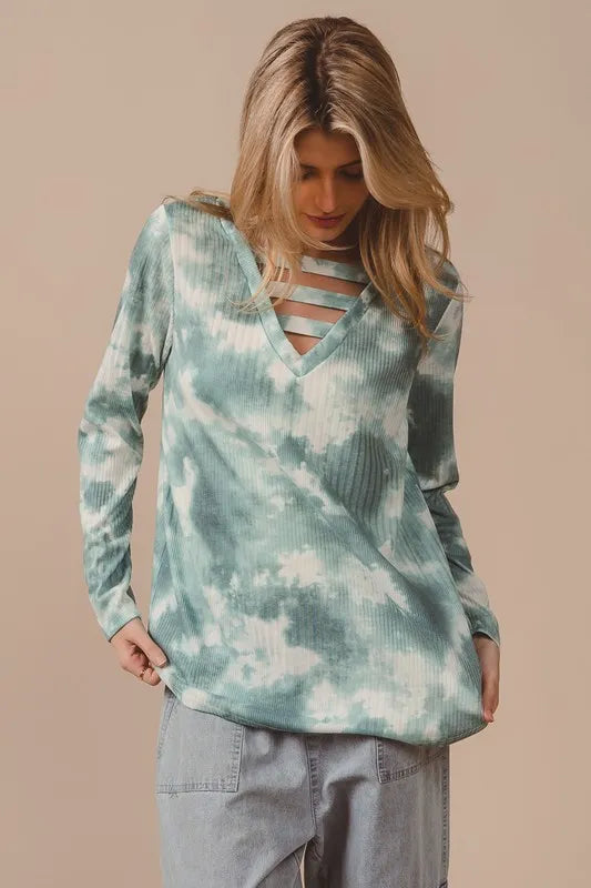 BiBi Variegated Tie Dye Rib V-Neck Top with Strapped