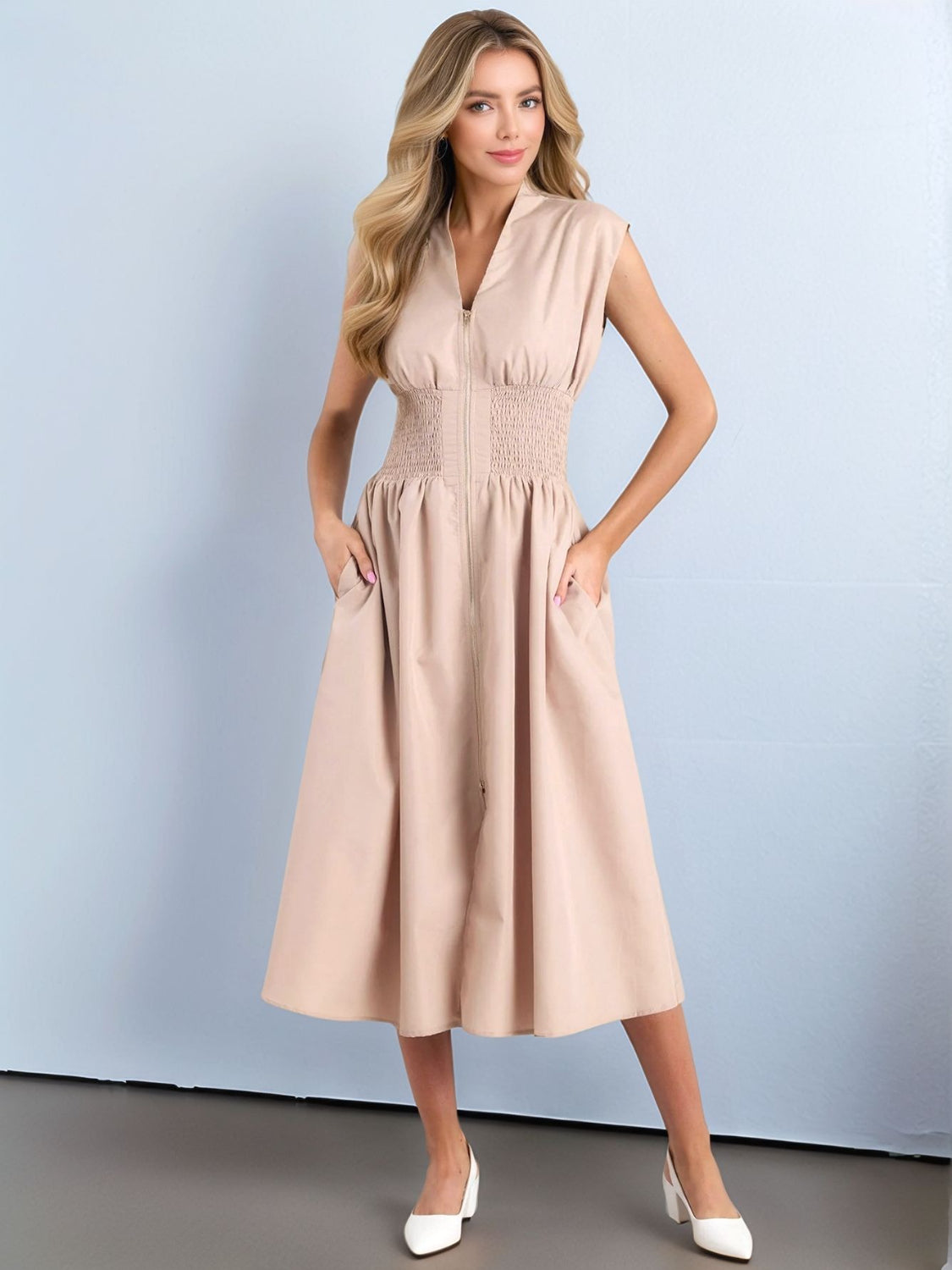 Smocked Zip Front Cap Sleeve Dress - Ladyez