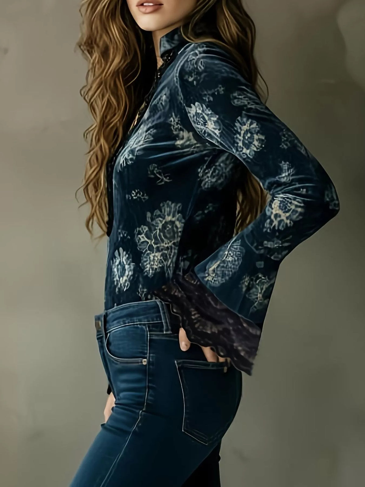 Lace Trim Flare Sleeves Blouse