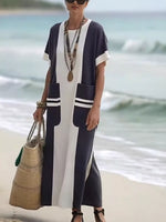 Full Size Color Block Short Sleeve Dress with Pockets Plus Size