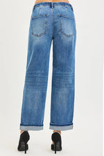 RISEN Elastic Band Slouch Ankle Boyfriend Cuffed Hem Jeans