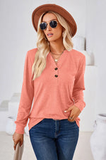 Notched Button Detail Long Sleeve T-Shirt