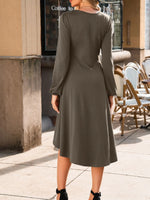 Solid Color Ruched Detail Long Sleeve Midi Dress