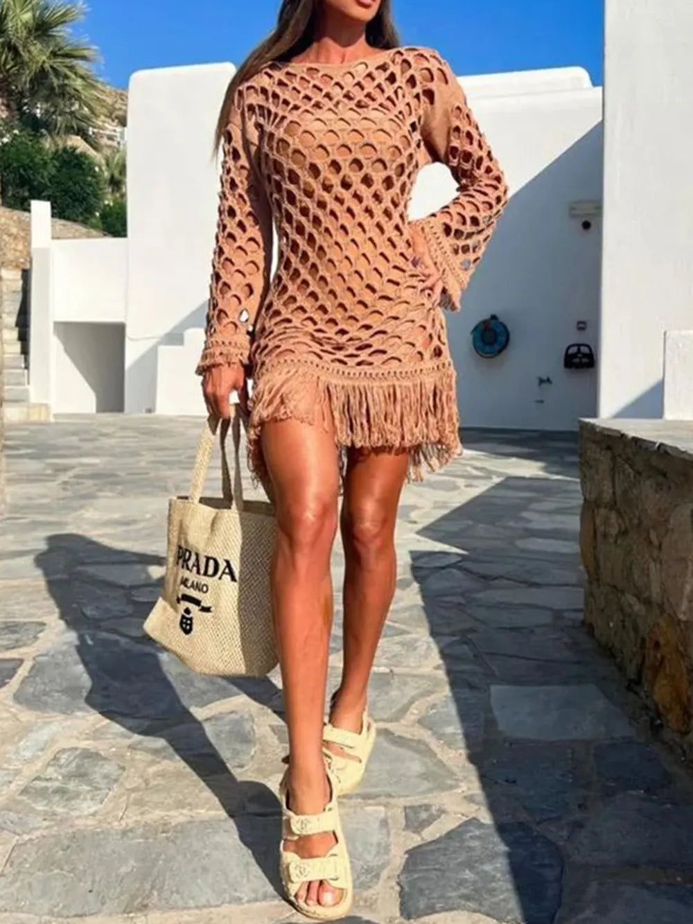 Fringe Cutout Long Sleeve Cover Up - Ladyez