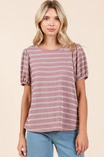 Mittoshop Contrast Striped Short Puff Sleeve Knit Top