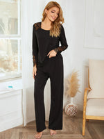 Lace Detail Long Sleeve Top and Pants Lounge Set - Ladyez