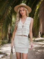 Openwork V-Neck Top and Skirt Knit Cover Up Set