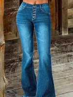 Striped Button Fly Flare Jeans