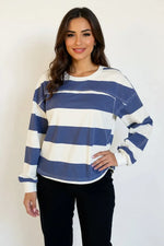 Oh Pima Cotton Wash Exposed Seam Contrast Striped Round Neck Long Sleeve T-Shirt