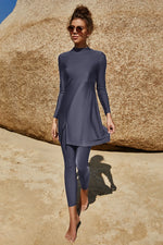 Slit Mock Neck Long Sleeve Top and Pants Swim Set - Ladyez