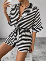 Striped Button-Up Belted Romper