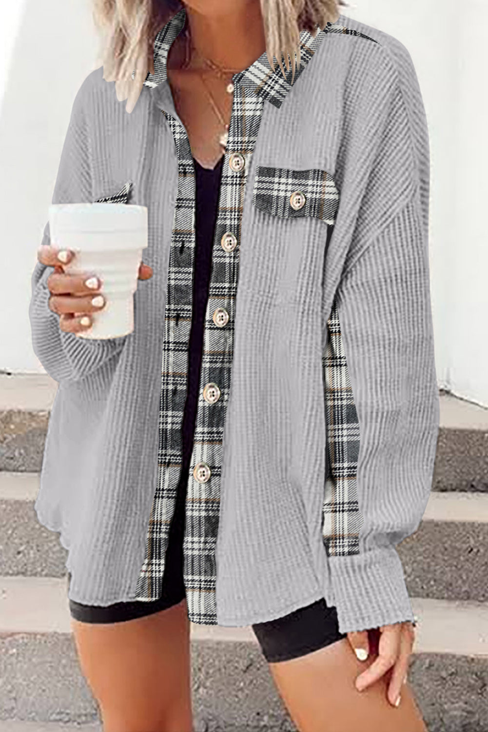 Plaid Button Down Collared Jacket - Ladyez