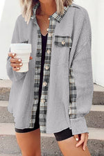 Plaid Button Down Collared Jacket - Ladyez