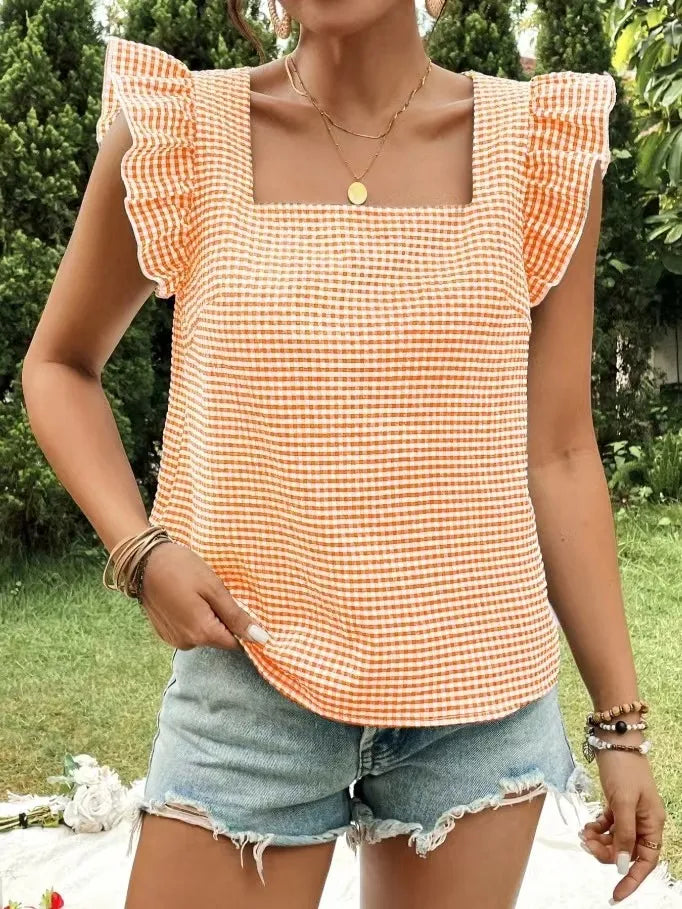 Ruffle Sleeve Gingham Square Neck Top - Ladyez