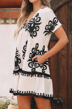 Printed V-Neck Short Sleeve Dress