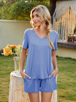 V-Neck Short Sleeve Top and Pocketed Shorts Lounge Set - Ladyez