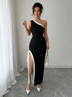 Slit Contrast Trim One-Shoulder Dress - Ladyez