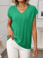 Cable-Knit V-Neck Short Sleeve Knit Top