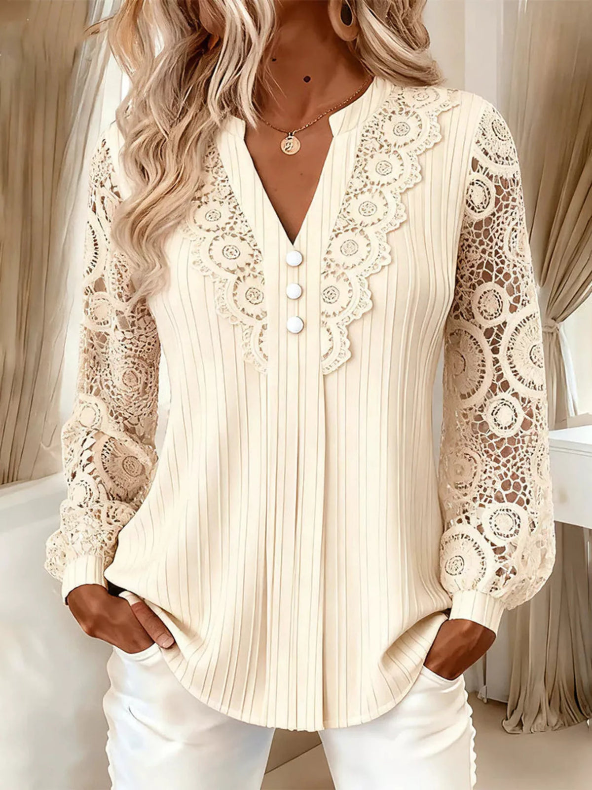 Lace Long Sleeve Notched Blouse
