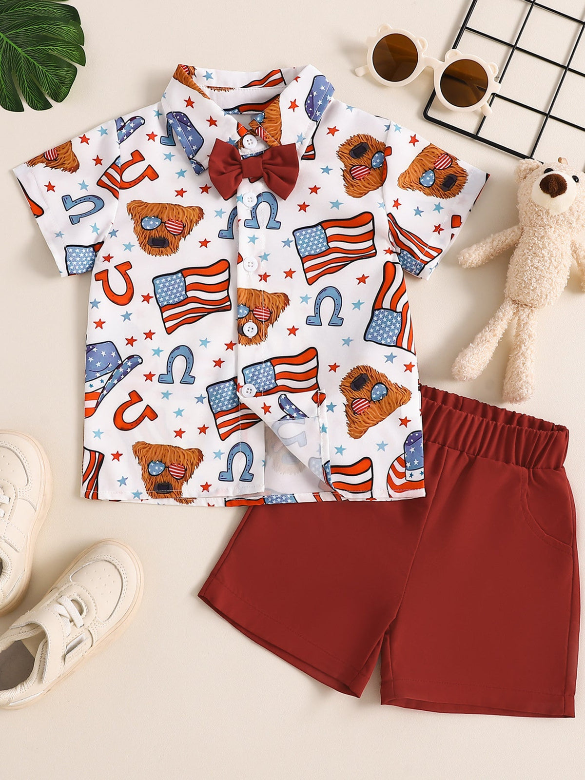 Children's American Flag Print Bow Tie Shirt & Shorts Set