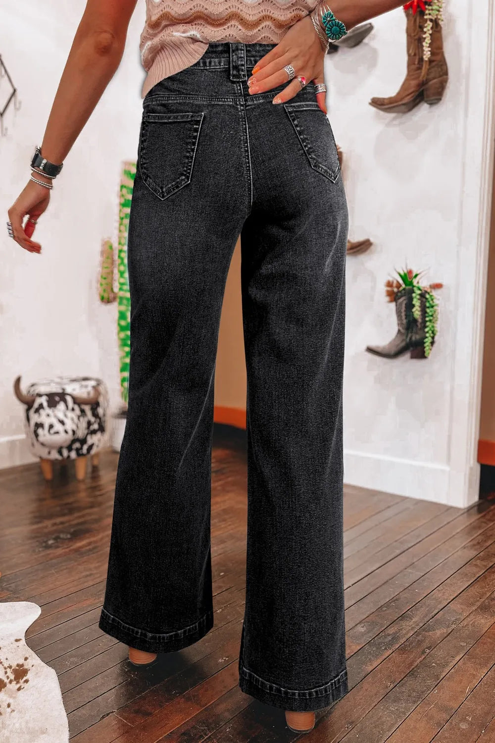 Wide Leg Pocketed High Waist Jeans - Ladyez