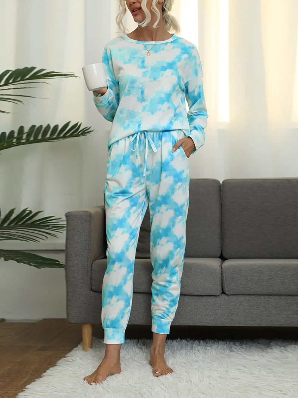 Shiny Tie-Dye Round Neck Top and Pants Lounge Set - Ladyez