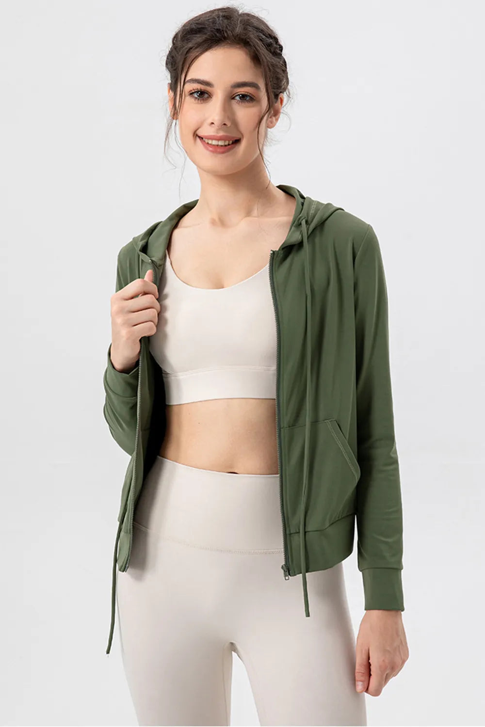 Drawstring Zip Up Hooded Active Outerwear - Ladyez