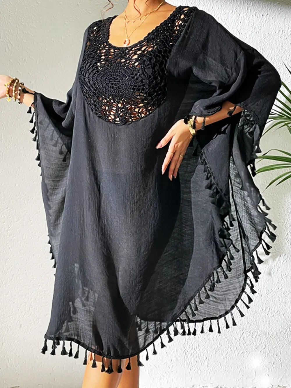 Tassel Cutout Scoop Neck Cover-Up Dress - Ladyez