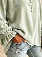 Velvet Quarter-Zip Sweatshirt with Ruffled Cuffs