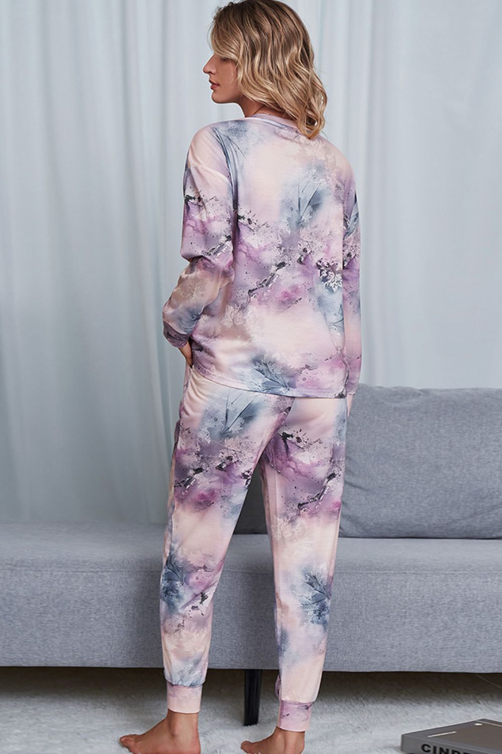 Shiny Tie-Dye Crewneck Top and Drawstring Waist Joggers Lounge Set - Ladyez