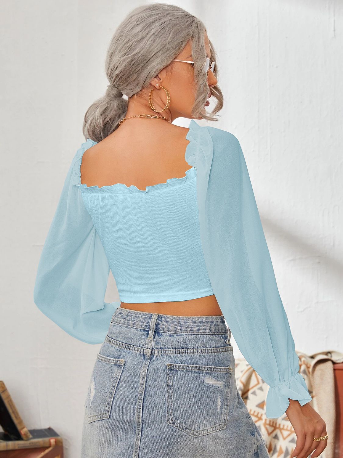 Mesh Sweetheart Neck Flounce Sleeve Top - Ladyez