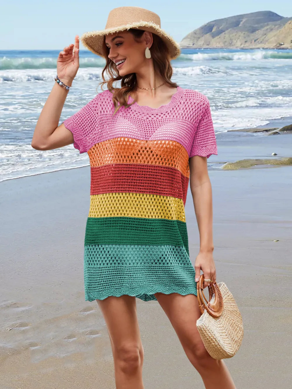 Openwork Round Neck Short Sleeve Cover-UP - Ladyez