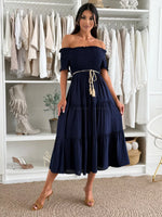 Off Shoulder Smocked Tiered Midi Dress
