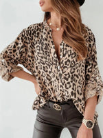 Full Size Leopard Print Roll-Tab Sleeves Blouse Plus Size - Ladyez
