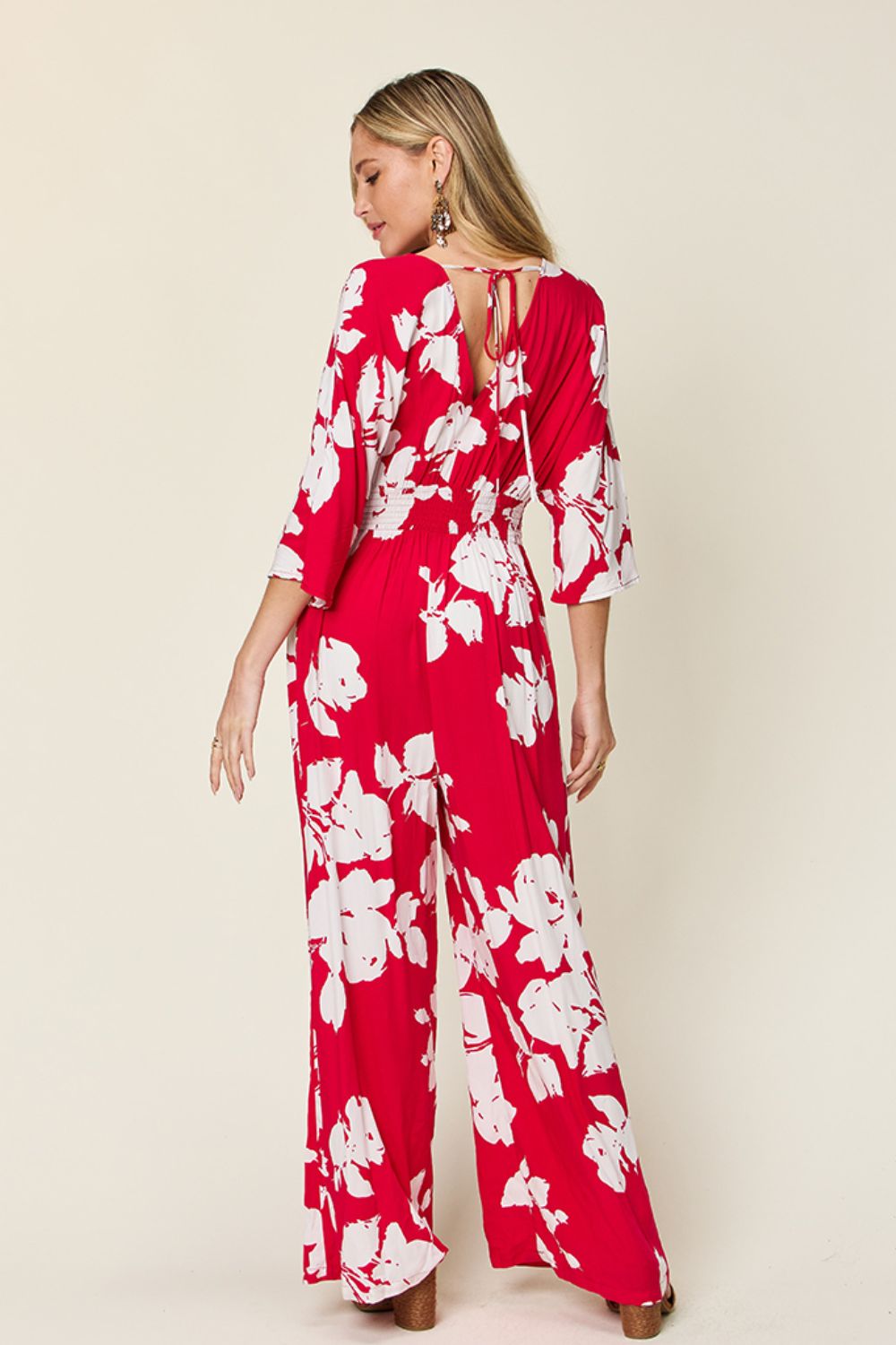 Double Take Full Size Printed Tie Back Wide Leg Jumpsuit - Ladyez