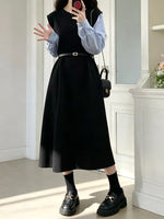 Contrast Sleeve A-Line Dress with Belt