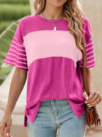 Color Block Striped Sleeve Casual T-Shirt - Ladyez