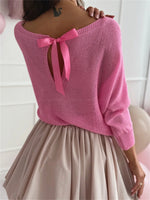 Bow Back Boat Neck Batwing Sleeve Sweater