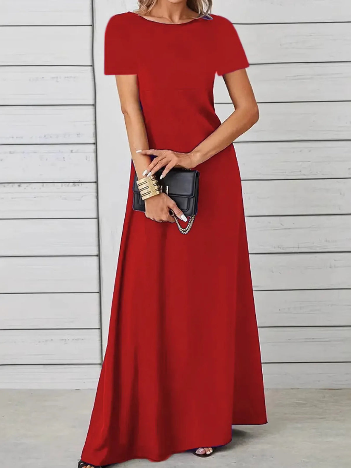 Full Size Round Neck Short Sleeve A-Line Maxi Dress Plus Size - Ladyez