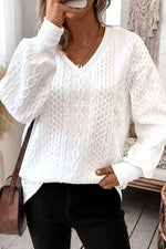 Solid Color Textured V Neck Drop Shoulder Knit Top