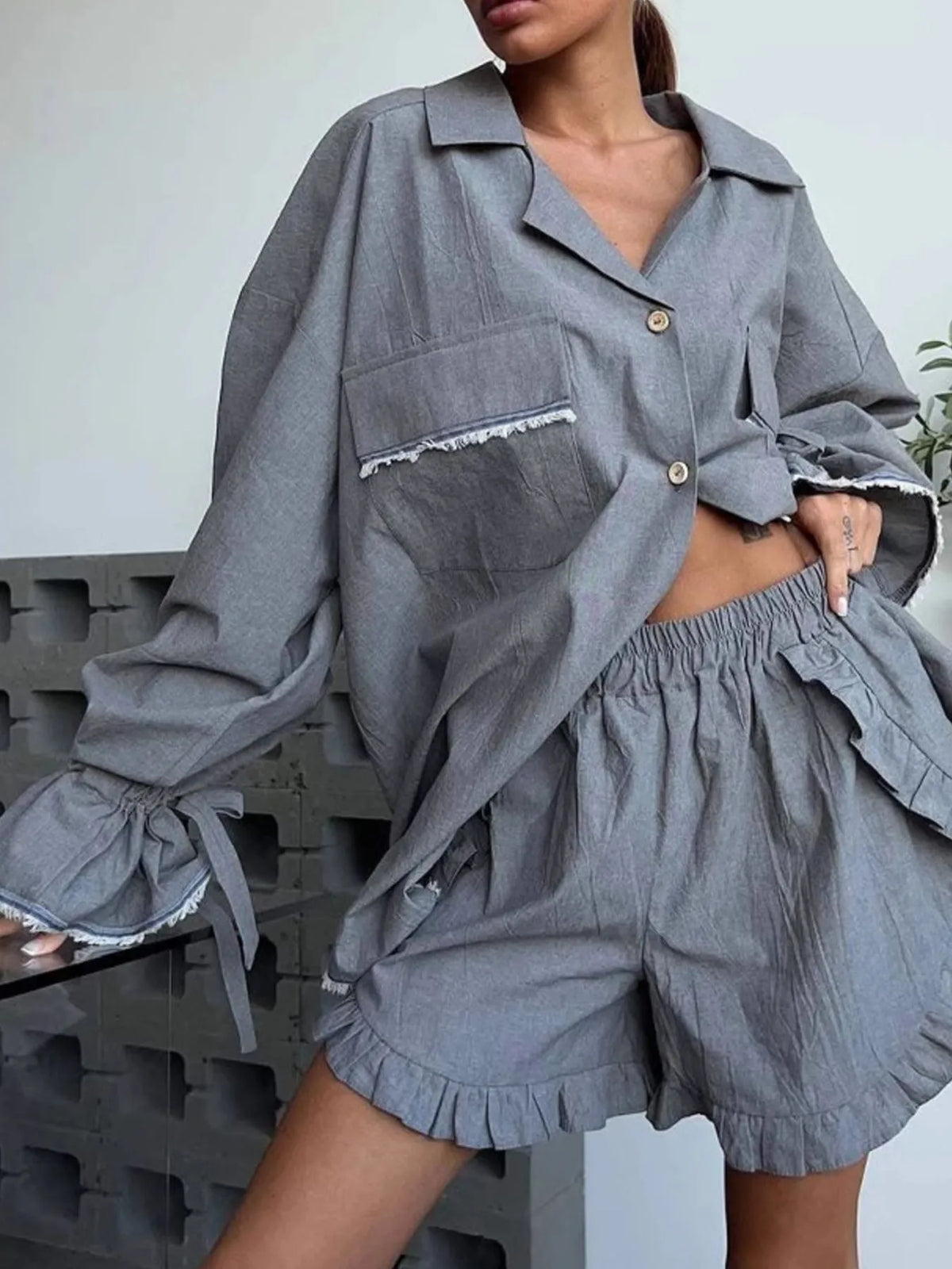 Button Up Flounce Sleeve Top and Shorts Set - Ladyez