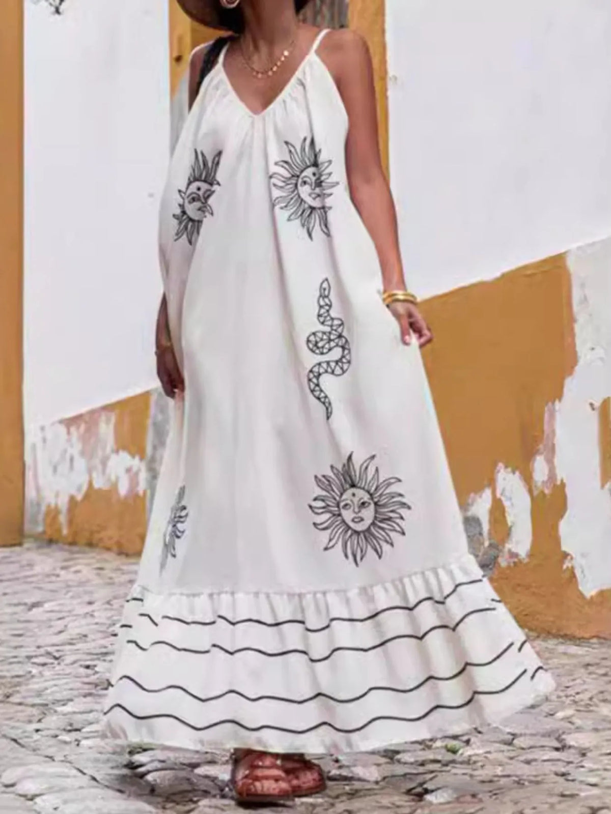 Printed V-neck Summer Maxi Dress - Ladyez