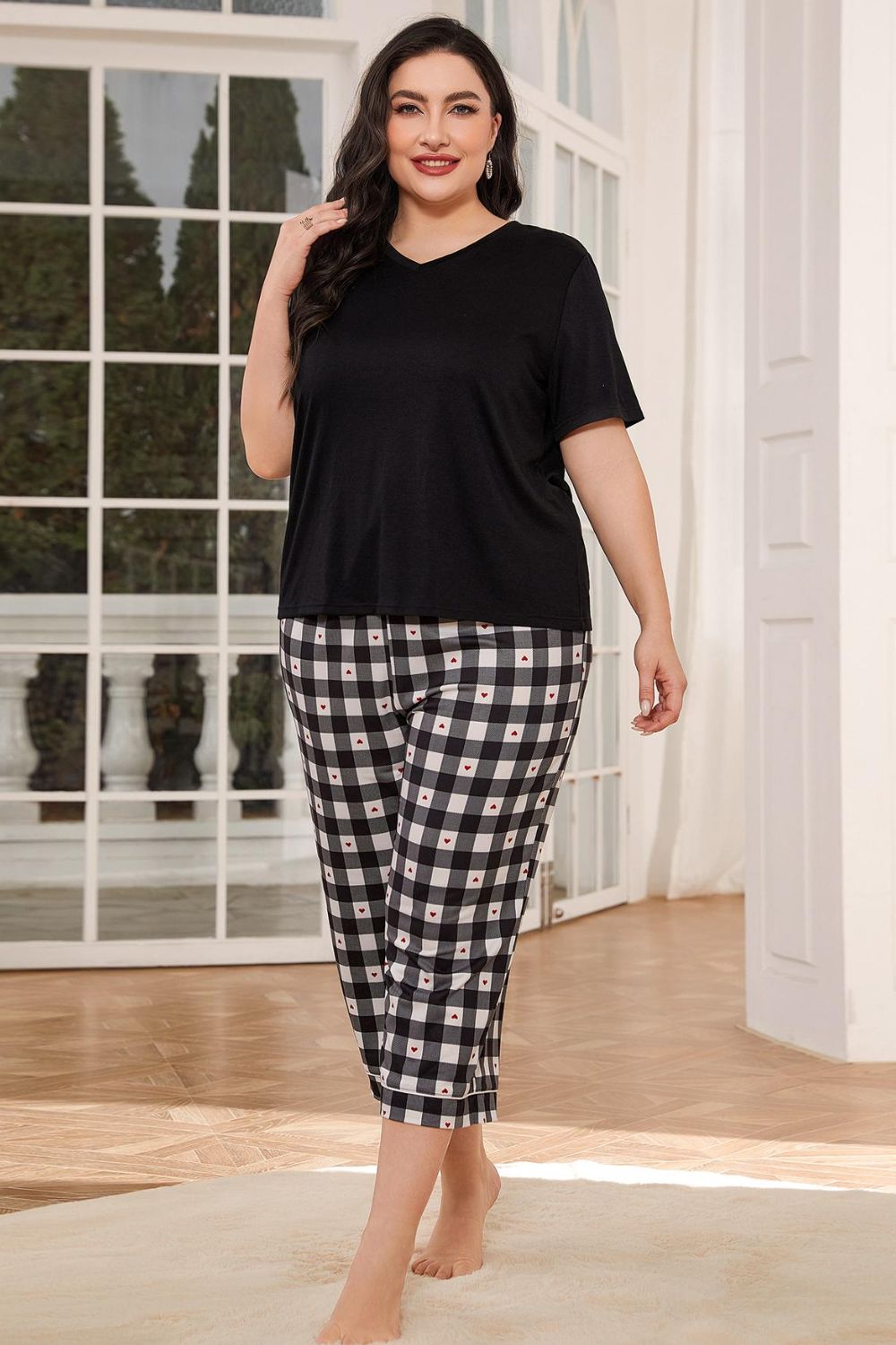 V-Neck Tee and Plaid Cropped Pants Lounge Set - Ladyez