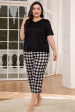 V-Neck Tee and Plaid Cropped Pants Lounge Set - Ladyez