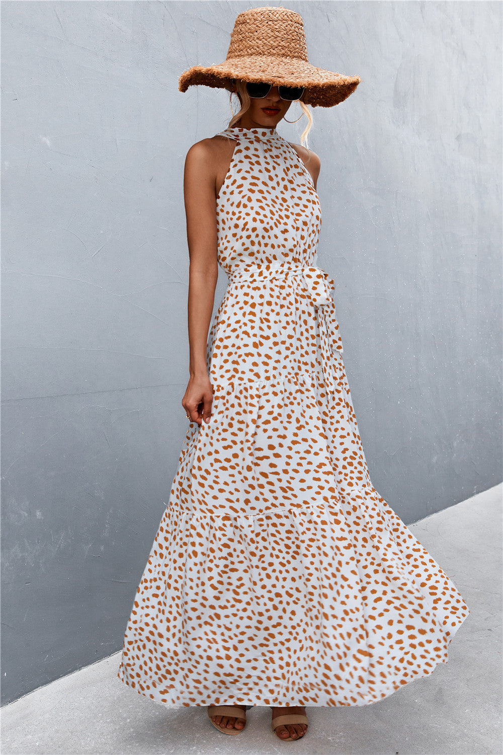 Printed Sleeveless Tie Waist Maxi Dress - Ladyez