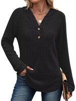 Full Size Ribbed Knit Button Detail Hooded Top Plus Size