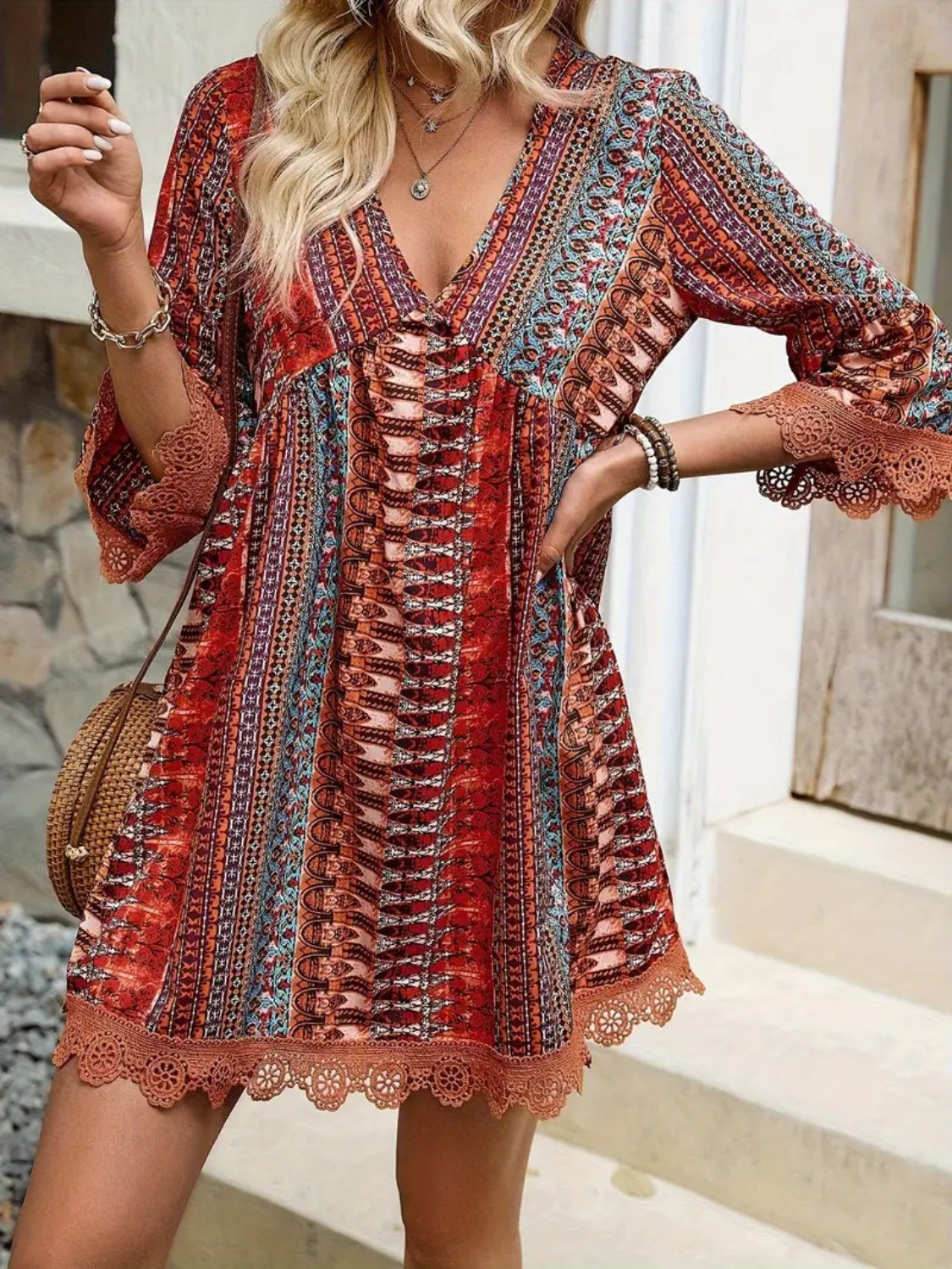 Lace Trim Printed V-Neck 3/4 Sleeve Dress - Ladyez