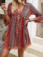 Lace Trim Printed V-Neck 3/4 Sleeve Dress - Ladyez